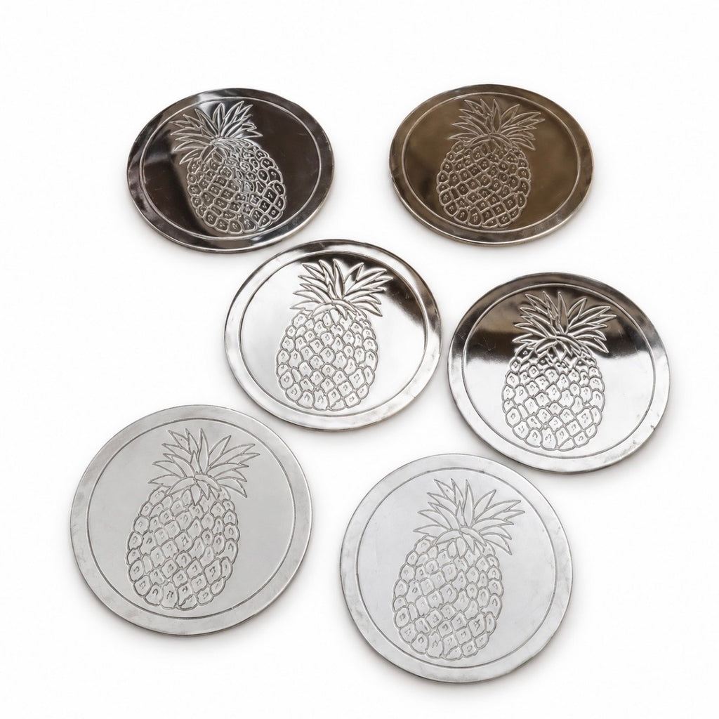 Set of 6 metal pineapple coasters with holder
